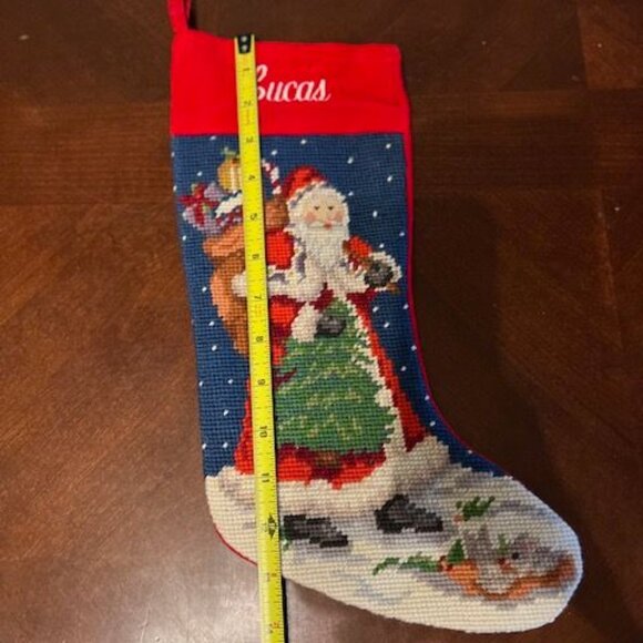 vintage Needlepoint Christmas Stocking Santa & Reindeer Design With name Lucas - Picture 2 of 3
